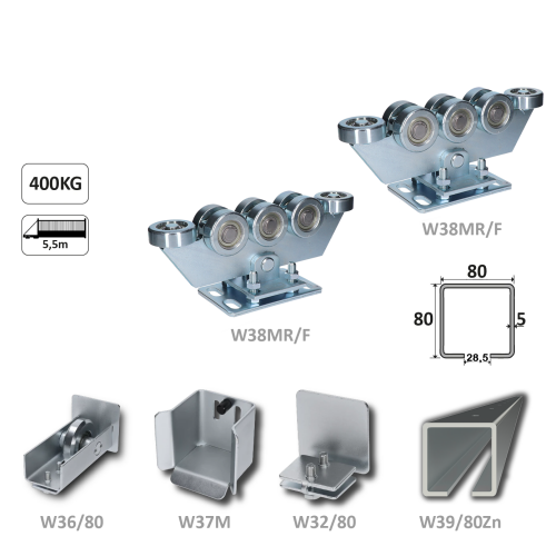 Samonosný systém 80x80x5 mm pro posuvné brány do 400 kg / 5,5 m otvor (W39/80Zn 6 m pozinkovaný profil, 2x W38MR/F, 1x W36/80, 1x W37/M, 1x W32/80)